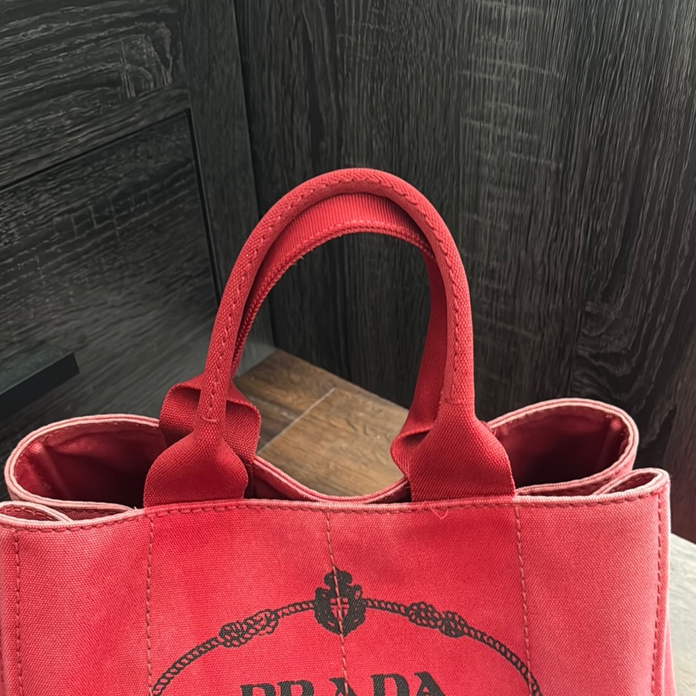Prada Canapa Pre Owned Red Tote Canvas Bag Logo and Structured Design.Code 194/A - Picture 4 of 17
